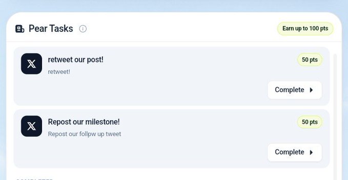 The image shows a "Pear Tasks" dashboard with two Twitter (X) related tasks—"retweet our post!" and "Repost our milestone!"—each worth 50 points toward a maximum of 100 points. This directly illustrates the waitlist update mentioned in the post, highlighting the new social media engagement tasks users can complete to farm points on the @tradeonpear waitlist.