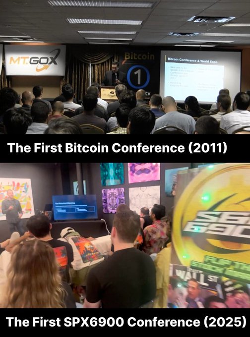 A comparison meme showing 'The First Bitcoin Conference (2011)' with an Mt.Gox Bitcoin logo on top, and 'The First SPX6900 Conference (2025)' with a crowded event below featuring an SPX logo.