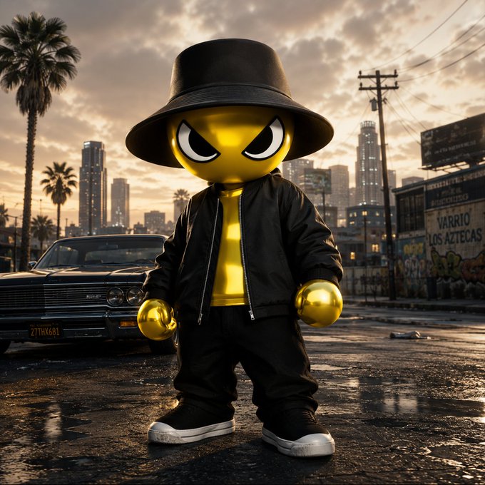 A golden cartoon character wearing a black bucket hat and jacket stands on a wet city street at sunset, with a "VARRIO LOS AZTECAS" graffiti wall and vintage car in the background. The image relates to the post's celebratory tone of "getting mine" from the NFT pull, with the character's smug expression and the street-style aesthetic reflecting the playful hype of collecting rare pulls and hoping for royalty rewards.