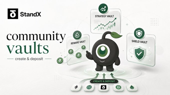 The image is a promotional graphic for StandX's "Community Vaults" feature, showing a green mascot character surrounded by three vault types—Strategy Vault, Reward Vault, and Shield Vault—with a "create & deposit" call-to-action at the bottom. It visually reinforces the post's announcement about SIP-5B by illustrating the three key capital functions (trading strategy, maker rewards, and insurance liquidity) that community members can now collectively fund.