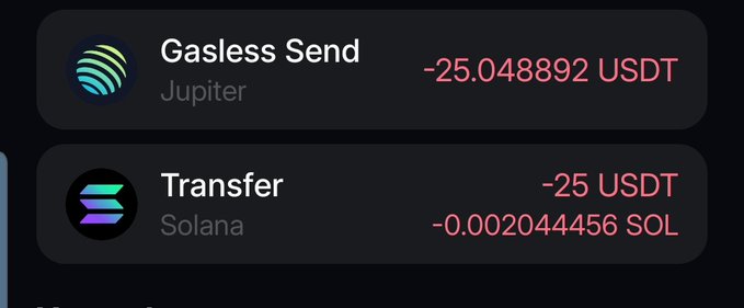 Screenshot of a crypto transaction showing a "Gasless Send" via Jupiter for -25.048892 USDT, followed by a Transfer on Solana for -25 USDT and -0.00204456 SOL, representing a $25 USDT reward sent to two winners.