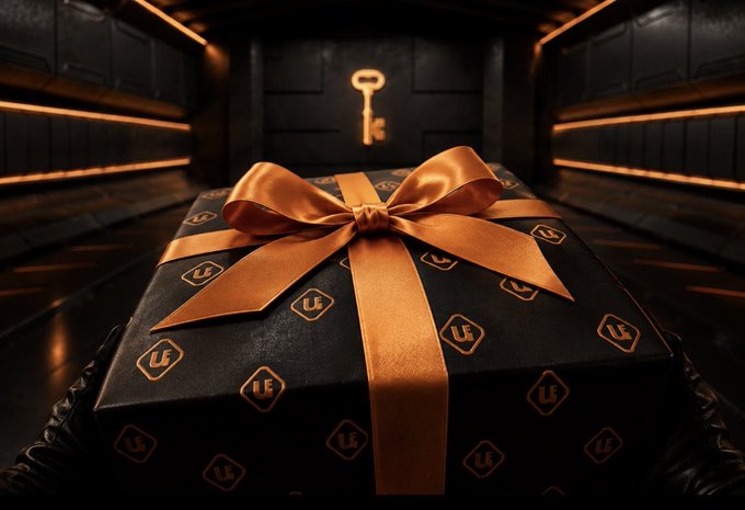 A black gift box with gold 'LF' monogram patterns tied with a large gold ribbon, sitting on a dark surface in front of a metallic door with a keyhole design.