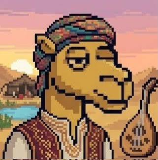 Pixel art of a relaxed camel character wearing a colorful turban and vest, holding an ornate stringed instrument against a desert oasis backdrop.