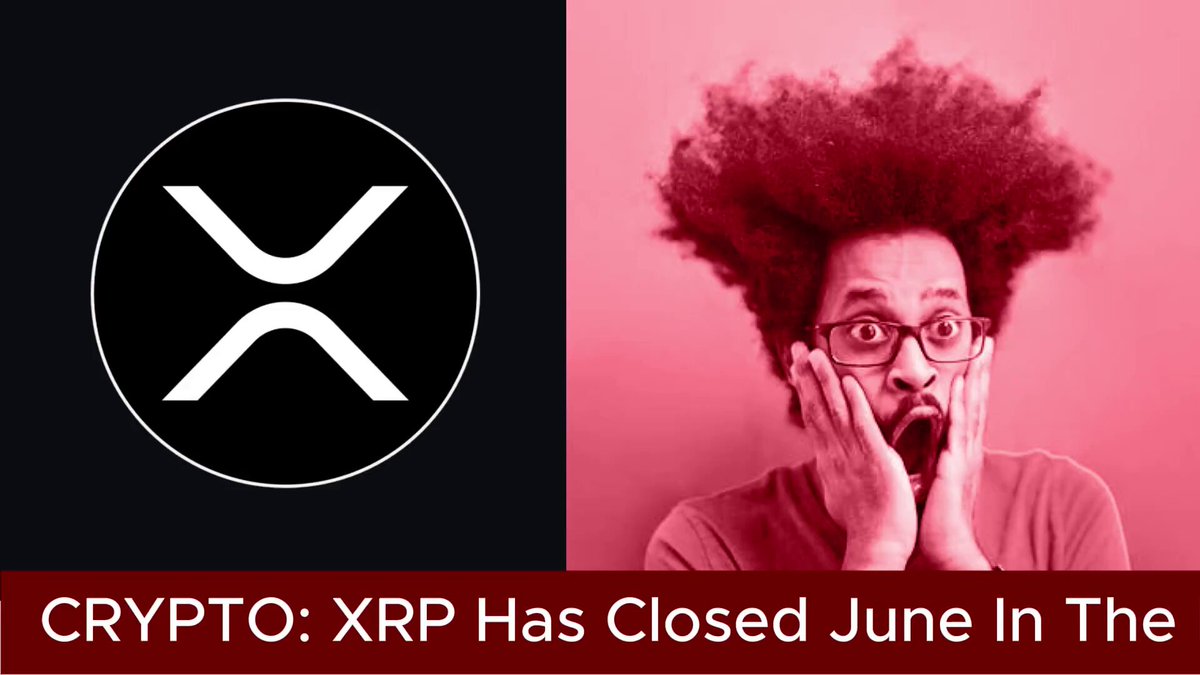 The image features a man with curly hair wearing glasses and a surprised expression, possibly reacting to an unexpected news or event related to cryptocurrency. In the background of the image, there's a logo for Ripple Cryptocurrency, which has closed June in the past 12 years on average. The text "XRP" is also present in the image.