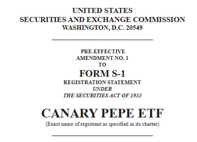 The image displays the cover page of a Pre-Effective Amendment No. 1 to Form S-1 Registration Statement filed with the U.S. Securities and Exchange Commission by the "Canary Pepe ETF." This filing visually supports the post's claim about increased confidence in the crypto market, as evidenced by Canary's decision to formally register a Pepe-themed ETF with regulators.