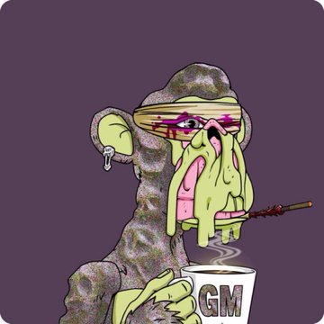 A cartoon illustration of a grotesque zombie-like character wearing a backwards cap and purple glasses, with a green mushy face, holding a cup labeled 'GM' against a purple background.