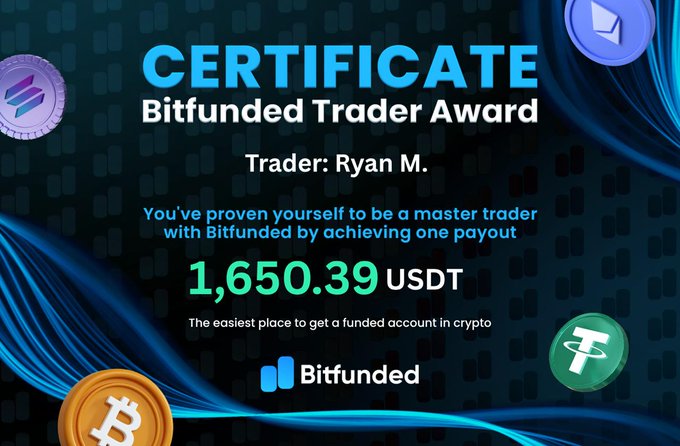 A Bitfunded certificate celebrating trader Ryan M.'s payout of 1,650.39 USDT, with the platform's logo and crypto-themed visuals of Solana, Bitcoin, and Tether tokens reinforcing the message of successful funded trading in crypto.