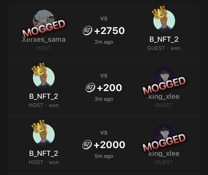 A gaming match history screen shows three recent 1v1 matches involving users 'Xerxes_sama', 'B_NFT_2', and 'king_xlee', with B_NFT_2 winning matches that gained +200 and +2000 points, and another match where Xerxes_sama 'MOGGED' B_NFT_2 for +2750 points.