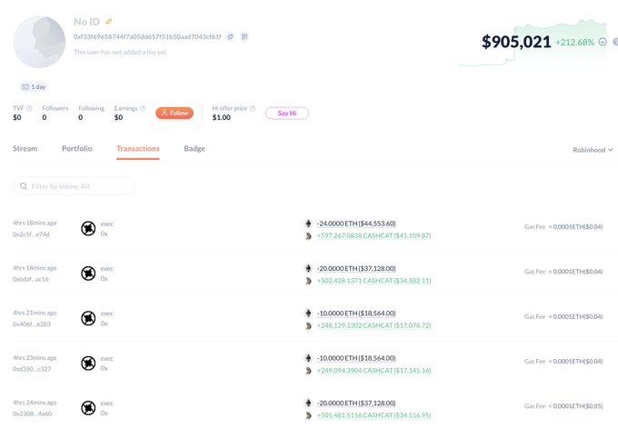 The image shows the transaction history of wallet "0xf33f", displaying multiple purchases of CASHCAT tokens with ETH. This aligns with the post about a new wallet spending ETH to buy CASHCAT and making a profit.