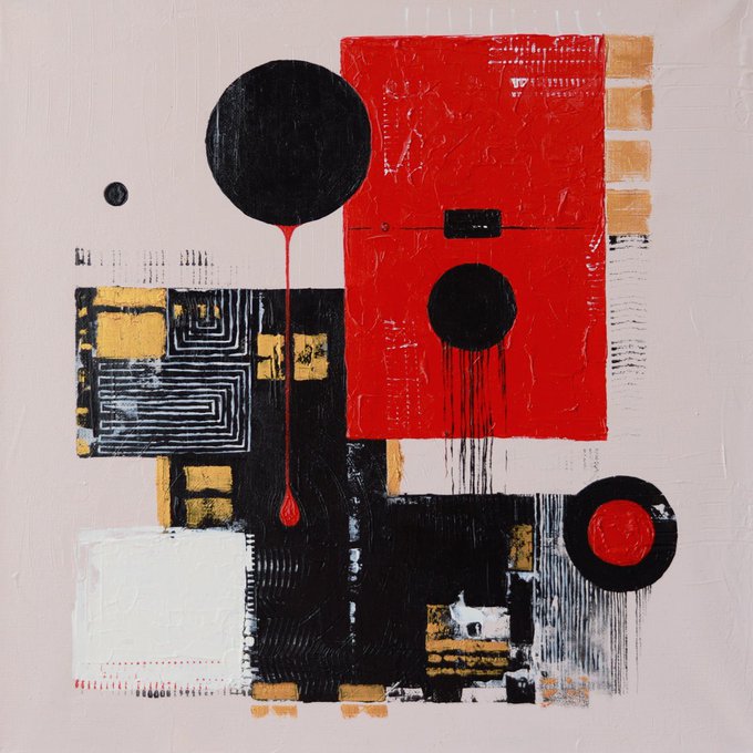 An abstract mixed-media artwork featuring bold red, black, white, and gold geometric shapes with textured surfaces.