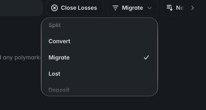 Dark-themed UI screenshot showing a dropdown menu with options Split, Convert, Migrate (selected), Lost, and Deposit, positioned below buttons labeled 'Close Losses' and 'Migrate'.