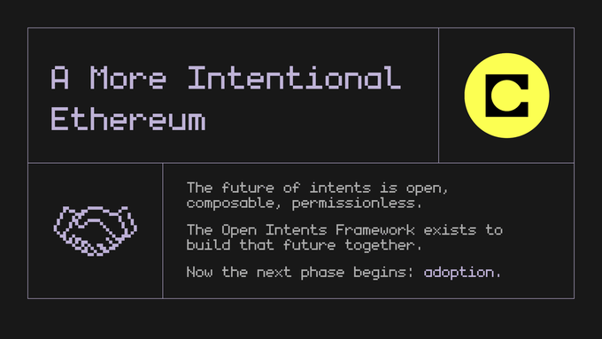 The image features a poster with a black background and white text that reads "A more intentional Ethereum". Below this title, there are two icons representing a handshake symbol and a thumbs up sign. The poster also includes a description of the future of intents in the Ethereum ecosystem, stating that the future of intents is open, comprising, permissionless, and existing to build that future together.