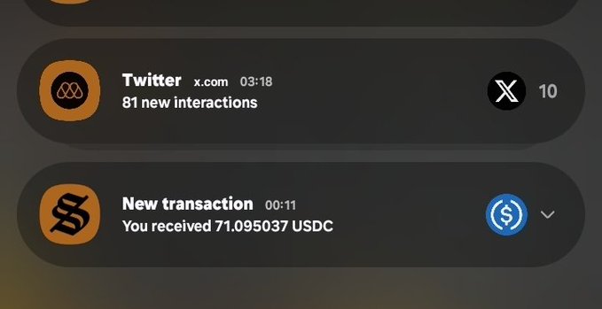 iOS notification panel showing a Twitter notification ("81 new interactions") from x.com at 03:18 with 10 items, and a new transaction notification of 71.095037 USDC received at 00:11.