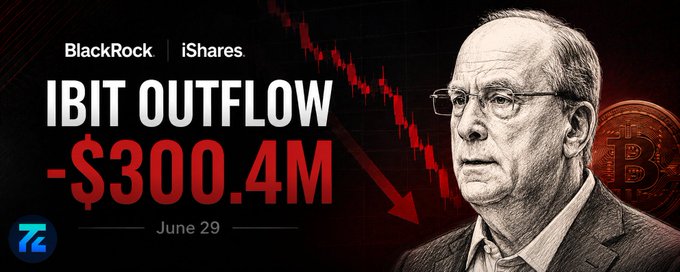 A graphic showing 'BlackRock iShares IBIT OUTFLOW -$300.4M' dated June 29, featuring an elderly man and a downward red chart next to a Bitcoin.