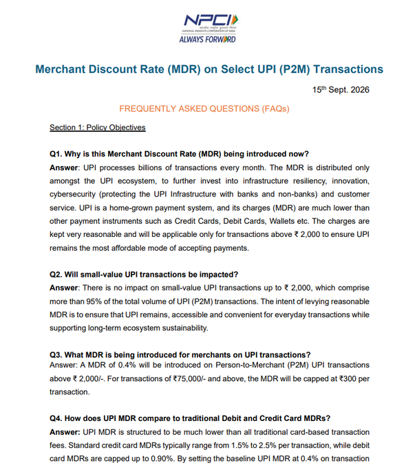 An NPCI (National Payments Corporation of India) FAQ document dated 15th Sept. 2026 about Merchant Discount Rate (MDR) on Select UPI (P2M) Transactions, explaining policy objectives including the 0.4% MDR on P2M UPI transactions above ₹2,000 with a cap of ₹300 for transactions of ₹75,000 and above.