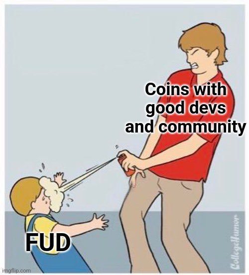 A cartoon meme using the 'Chad vs. kid' template depicts a larger figure labeled 'Coins with good devs and community' using an aerosol spray to fend off a crying toddler labeled 'FUD'.