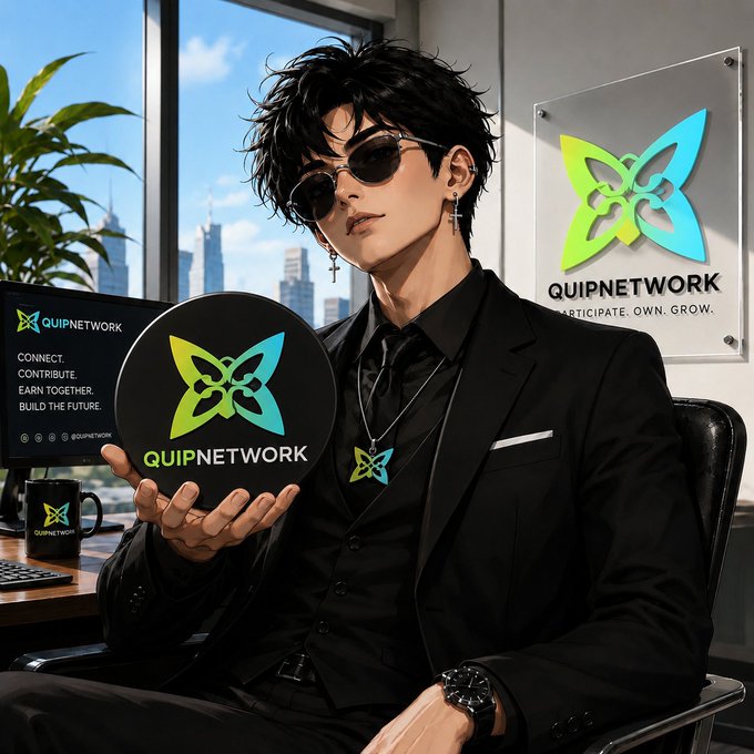 A digital illustration of a stylish man in a black suit and sunglasses holding a circular sign with the QUIPNETWORK logo, with a matching larger logo on a glass panel behind him that reads 'PARTICIPATE. OWN. GROW.'