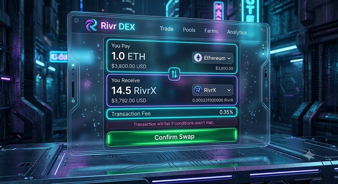 A futuristic 'Rivr DEX' cryptocurrency swap interface showing a trade of 1.0 ETH for 14.5 RivrX tokens with a 0.35% transaction fee.