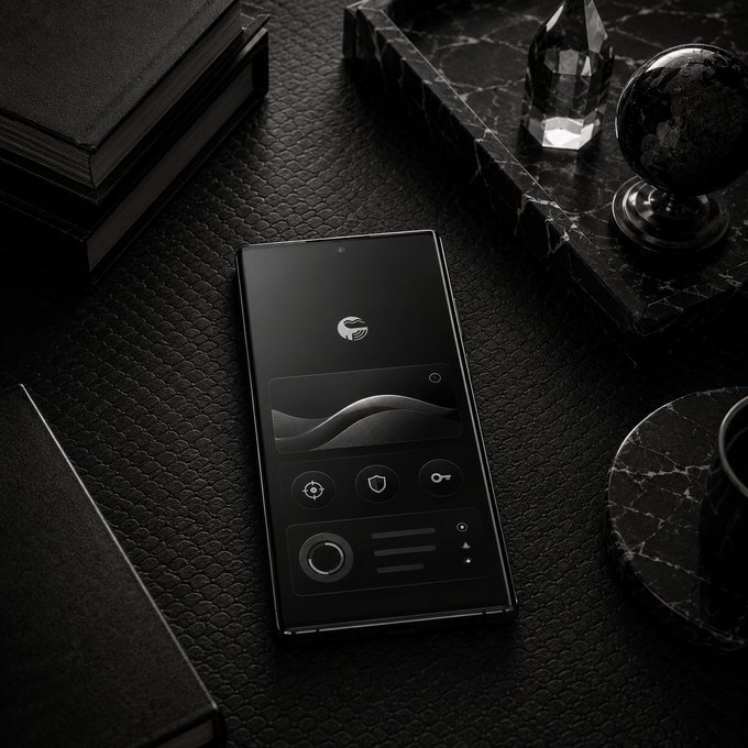 A sleek smartphone displaying a dark-mode interface rests on a textured black leather surface, styled with black marble accessories and dark books.
