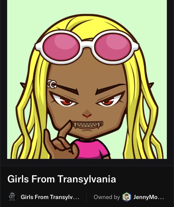 A digital illustration of an NFT collection titled "Girls From Transylvania" by JennyMo, featuring a cartoon character with long yellow hair, pink sunglasses, a "CC" eyebrow piercing, and fangs, wearing a pink shirt.