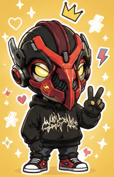 A cartoonish chibi-style character wearing a red and black futuristic helmet with glowing yellow eyes, a black hoodie with white text, and making a peace sign, set against a yellow background with stars and hearts.