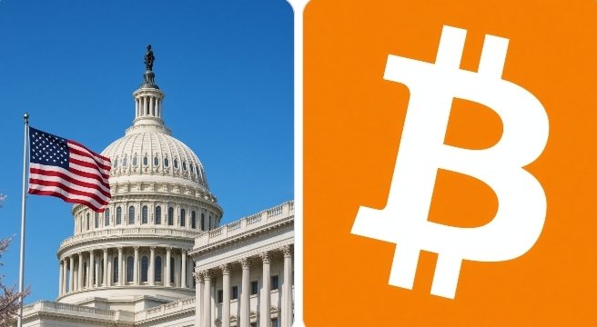 The image shows a split graphic featuring the U.S. Capitol building with an American flag on the left and the Bitcoin "₿" logo on an orange background on the right, visually symbolizing the intersection of U.S. government policy and cryptocurrency that will be addressed at the upcoming White House crypto summit.