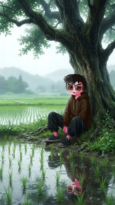 A young person wearing headphones and glasses sits under a large tree beside a flooded rice paddy on a rainy day, their reflection visible in the water below. The serene, contemplative scene pairs with the post's encouraging message to "stay consistent" and "keep building," suggesting a quiet moment of reflection before finishing the week strong.