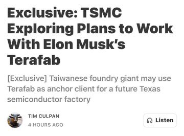 This image is a news article headline snippet that reads "Exclusive: TSMC Exploring Plans to Work With Elon Musk's Terafab," with a subheading indicating TSMC may use Terafab as an anchor client for a future Texas semiconductor factory, posted by Tim Culpan 4 hours ago.

The image relates to the post about $SPCX, as the article discusses TSMC's potential collaboration with Elon Musk's Terafab venture, which could have implications for semiconductor companies like $SPCX (SpaceX-related holdings) given the connection to Musk's expanding ecosystem of technology ventures.