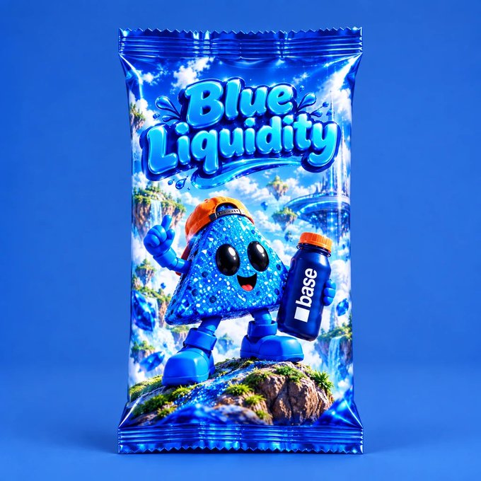 A vibrant blue product package labeled "Blue Liquidity" features a cute blue mascot wearing an orange cap, holding a blue "base" bottle, set against a scenic waterfall background.