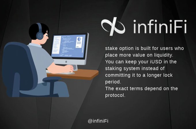 An illustration of a person wearing headphones working at a computer alongside the "infiniFi" logo, with text explaining that the stake option is for users who value liquidity, allowing them to keep iUSD in the staking system without committing to a longer lock period, tagged @infiniFi.