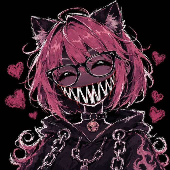 The image features a girl with pink hair wearing glasses and a hoodie, giving her a gothic appearance. She has a chainsaw necklace around her neck, adding to her unique style. The girl's face is painted with teeth that are open wide, giving her an evil or sad expression. In the background of the image, there are hearts scattered throughout, which adds to the overall gothic atmosphere. The caption for this image reads: "as u wish, i'm giving away 5 GTD wls for The Demoonz simple tasks: follow @the_demoonz ... like + rt this post ... drop evm wallet in comment collection info: 1,666 NFTs ... 8th june ... mp 0.005eth winners in 24H".