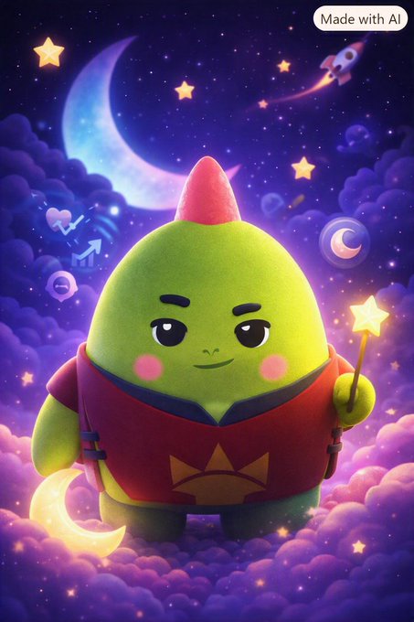 An AI-generated illustration (marked 'Made with AI') of a cute green cartoon character with a pink horn holding a magic star wand against a dreamy purple night sky.