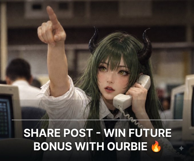 An anime-style image of a green-haired horned girl on a telephone with text overlay reading 'SHARE POST - WIN FUTURE BONUS WITH OURBIE 🔥'.