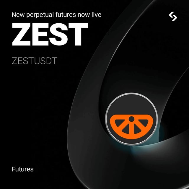 The image features a black background with an orange logo that reads "ZESTUSDT". The text above the logo states "New perpetual future trends now live", indicating that ZESTUSDT is a new, futuristic trading platform. Below this, there's a description of what the platform does and how it works. The image also includes a small orange circle with an orange line through it, which could be interpreted as a symbol for the "Futures" section on the platform.