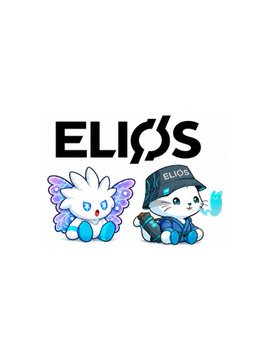 The ELIOS logo displayed in bold black letters above two cartoon mascot characters: a white angel-like creature with purple wings on the left, and a cat-like character wearing a dark ELIOS cap and clothing on the right.