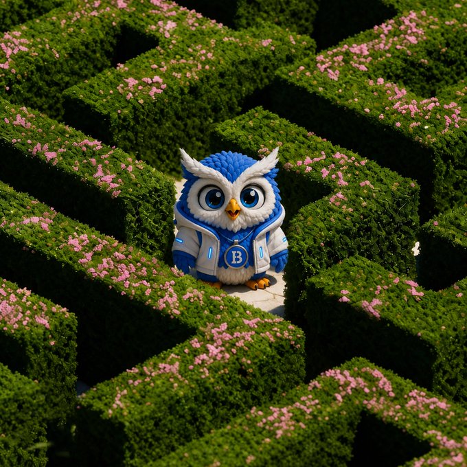 The Biconomy mascot, a blue and white owl wearing a hooded jacket with a "B" logo, stands in the center of a green hedge maze adorned with pink flowers, perfectly matching the post's call for community outfit ideas as part of the #MascotChallenge.