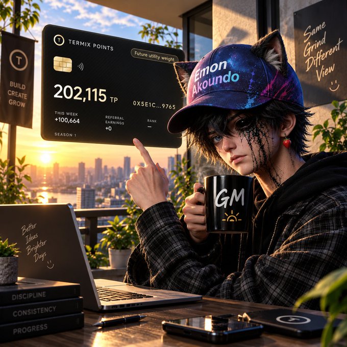 An anime-style character with cat ears wearing a galaxy-print "Emon Akoundo" cap holds a "GM" mug, with a "TERMIX POINTS" card displaying 202,115 TP nearby and books labeled "DISCIPLINE", "CONSISTENCY", and "PROGRESS".