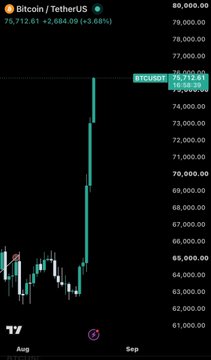 A Bitcoin/TetherUS (BTCUSDT) trading chart on TradingView showing a price of 75,712.61 with a +2,684.09 (+3.68%) gain, displayed on a dark background with green candlesticks.