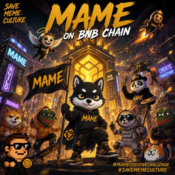 A vibrant promotional graphic for 'MAME ON BNB CHAIN' featuring a Shiba Inu character in a hoodie holding a MAME flag, surrounded by various meme characters and the hashtags #MAMECREATIVECHALLENGE and #SAVEMEMECULTURE.