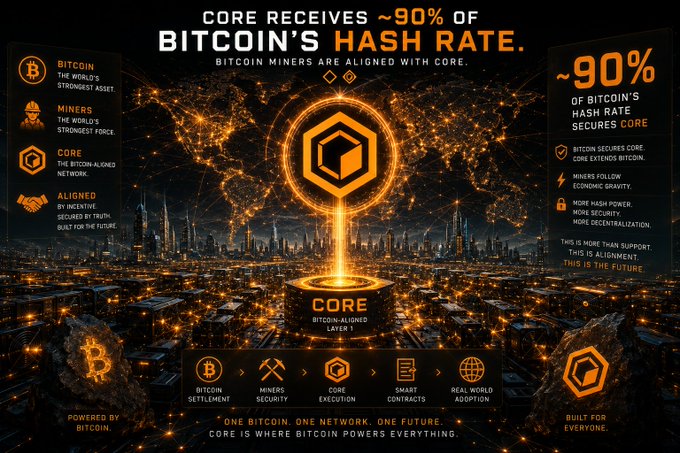 An orange-themed infographic declaring 'CORE RECEIVES ~90% OF BITCOIN'S HASH RATE' and 'BITCOIN MINERS ARE ALIGNED WITH CORE', featuring a glowing network map and Bitcoin imagery.