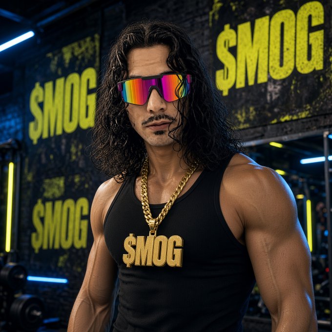A muscular man with long curly hair wears rainbow reflective sunglasses and a black tank top, accessorized with a large gold '$MOG' pendant necklace, set against a neon-lit gym backdrop covered in '$MOG' graffiti.
