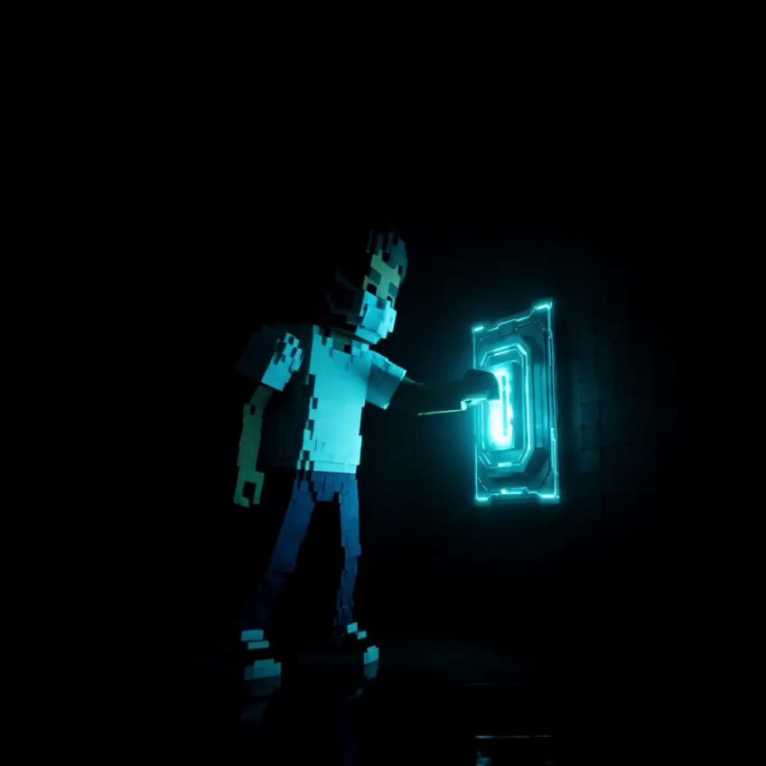 The image features a man dressed in blue jeans, standing in front of a green glowing door with his hand on the doorknob. The background is dark, which emphasizes the glow from the door. There are no other objects or texts present in the image.