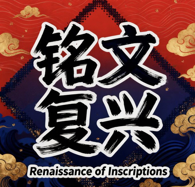 A stylized graphic with bold Chinese calligraphy characters '铭文复兴' on a red and blue background with cloud motifs, captioned 'Renaissance of Inscriptions'.