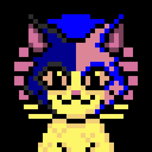 A pixel art character with blue and pink hair and a yellow outfit appears as a cute avatar, likely representing the user's profile picture in a celebratory post about finally acquiring a virtual cat NFT after 59 days of trying, with a playful leetspeak reference to "CatCoin Sun Genesis" on the blockchain.