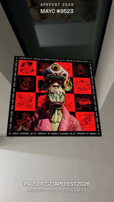 A framed poster captioned 'APEFEST 2026 MAYC #9523' featuring a green zombie-like character with a third eye, surrounded by red icon tiles, with the link 'PAUSER.CZ/APEFEST2026' at the bottom.