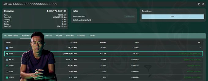 A man in a purple shirt sits in front of a cryptocurrency portfolio dashboard displaying an "Assistance Fund" that holds 47.57M $HYPE tokens valued at $4,105,177,348.11, with the highlighted HYPX row showing a total value of $4,103,675,961.913 at a price of 86.260—illustrating the massive scale of $HYPE holdings mentioned in the caption.