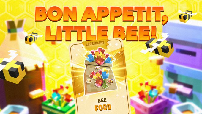A promotional graphic for the game 'Bee Swarm Simulator' featuring bold text 'BON APPETIT, LITTLE BEE!', pixel-art flying bees, and a 'LEGENDARY' card labeled 'BEE FOOD' displaying colorful honeycomb-shaped items.