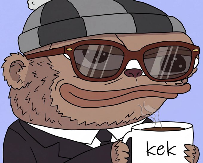A cartoon dog character wearing a checkered beanie, sunglasses, and a suit holds a coffee mug labeled "kek" with steam rising from it. The smug, unbothered expression pairs perfectly with the post's message calling out crypto mutuals who transfer funds just to post wallet-related flexes—suggesting the character sees right through their transparent "touch grass" attempts.