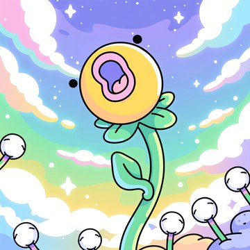 The image features a cartoon flower with a yellow center, surrounded by white clouds against a blue sky background. The flower appears to be growing out of the ground or floating in space, depending on the perspective. In the bottom right corner of the image, there is a post that reads "100 Down 51 To Go Are you going to catch a 1/1 @doodles Pokemon". This post seems to be related to the cartoon flower and its surroundings, possibly as part of a collection or series featuring doodles inspired by the flower.