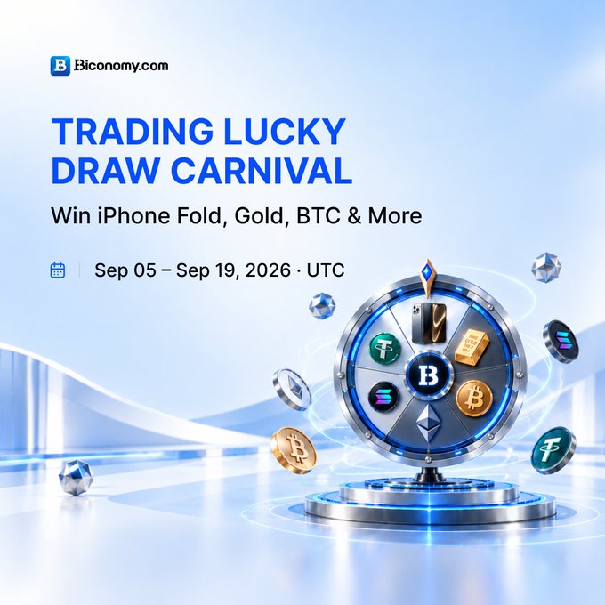 An advertisement banner for 'Biconomy.com' promoting a 'TRADING LUCKY DRAW CARNIVAL' from Sep 05 - Sep 19, 2026 UTC, offering prizes like iPhone Fold, Gold, and BTC, featuring a spinning wheel graphic.